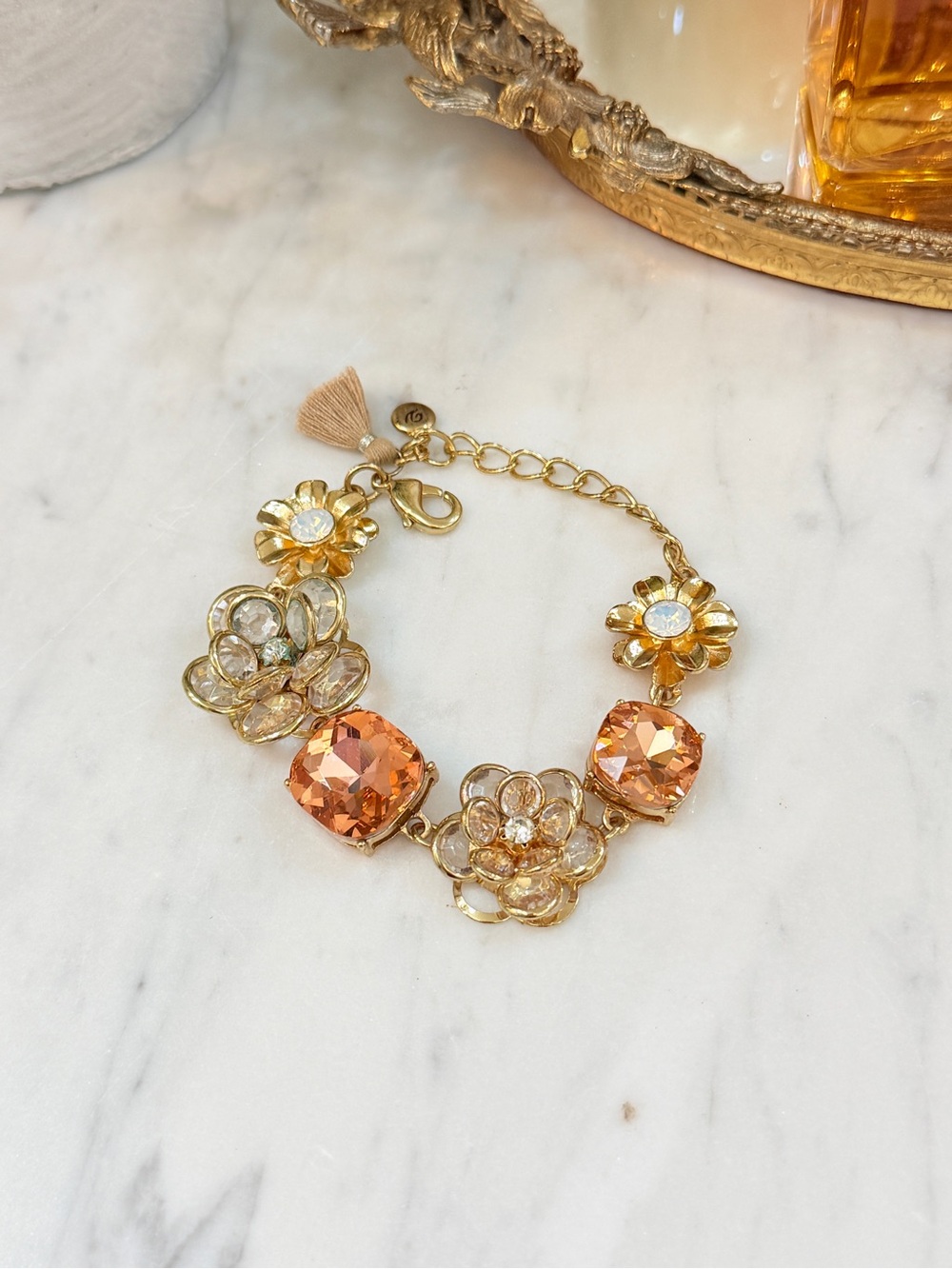 Gold Floral Crystal Bracelet - Peach Accents - Picture 3 of 11